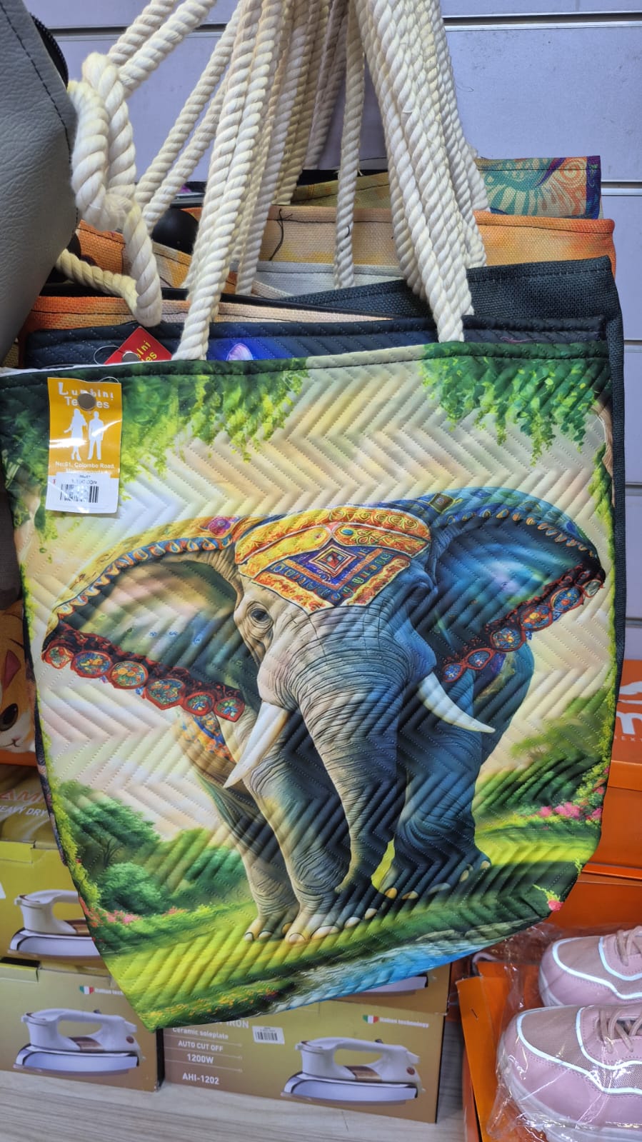 Elephant Print Quilted Tote – Rope Handles